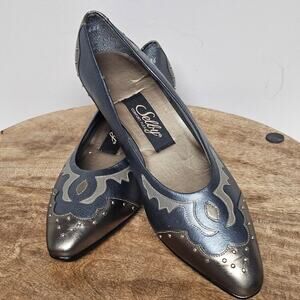 Vintage Selby Navy Pumps Western Metallic Tipped Low Heels Size 8 Comfort Flex